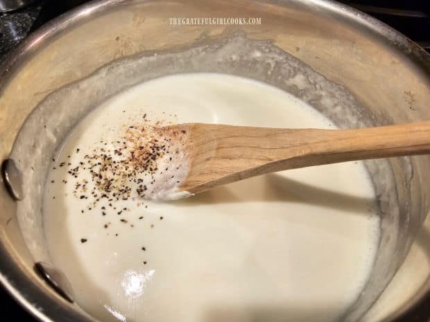 A small amount of spices are added to the cream sauce in pan.