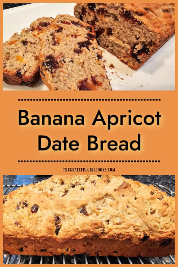 Make a delicious loaf of Banana Apricot Date Bread for breakfast or a snack! Easy, low fat, and filled with dried apricots, dates and banana!