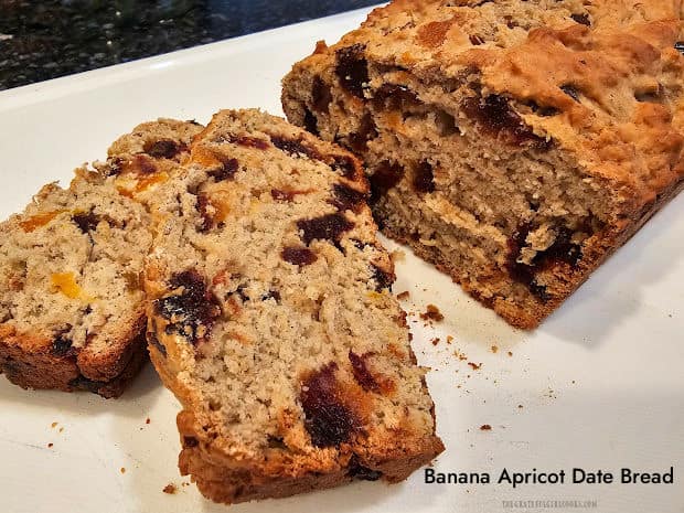 Make a delicious loaf of Banana Apricot Date Bread for breakfast or a snack! Easy, low fat, and filled with dried apricots, dates and banana!