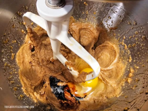 Egg, maple syrup and maple extract are beaten into the cookie batter.