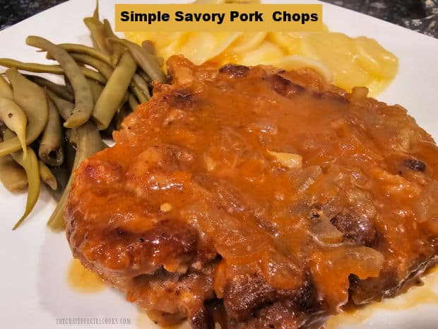 Simple Savory Pork Chops are an easy one skillet dish! Bone-in pork chops are pan-seared, then simmered until tender in a simple, tasty sauce.
