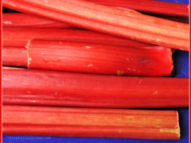 Rhubarb stalks are thinly sliced to add to the jam mixture.