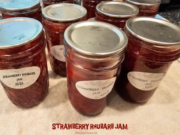 Learn how to can delicious Strawberry Rhubarb Jam for long term storage! The recipe will yield approx. 9 jars of yummy, sweet and tangy jam!