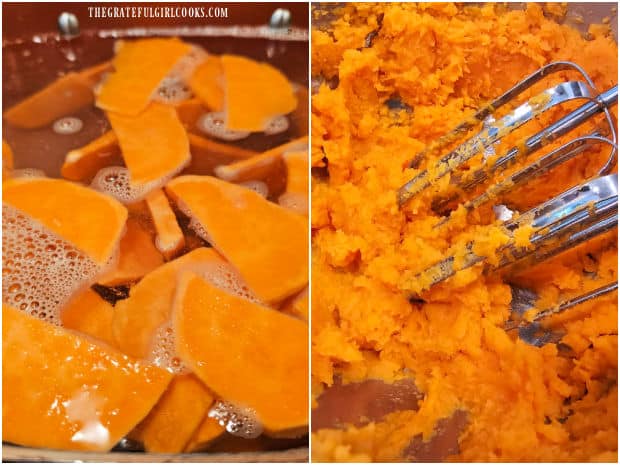 Thin slices of sweet potato are boiled until tender, then mashed.