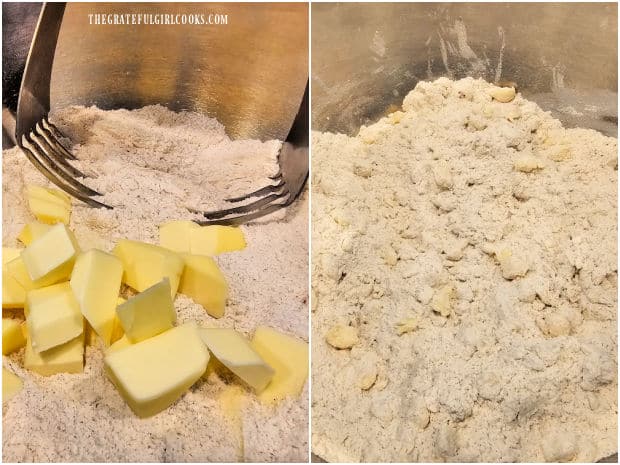 Cold chunks of butter are cut into the dry ingredients using a pastry blender.