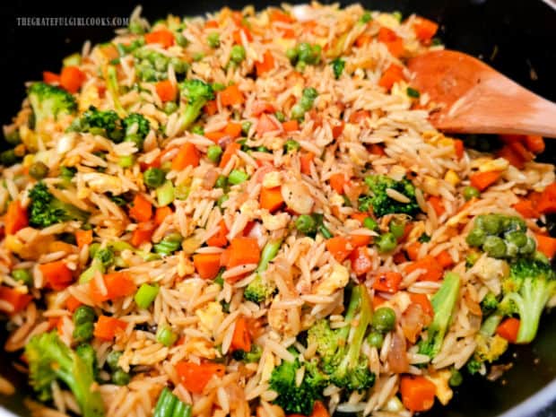 The Asian Orzo Veggie Skillet is fully heated through and then served.