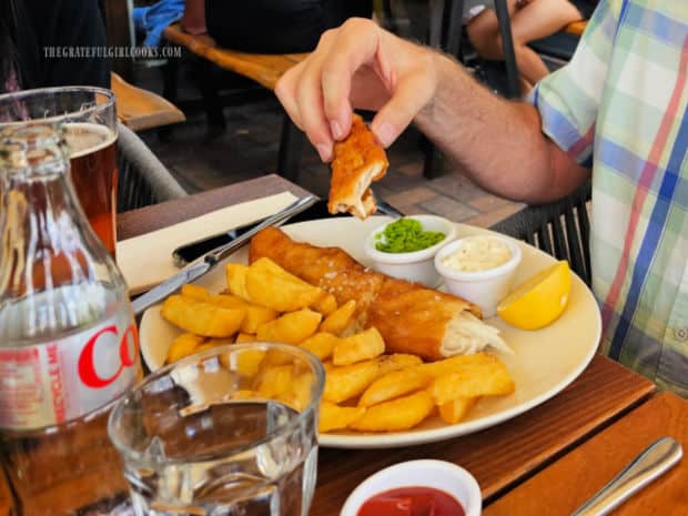 Fish and Chips (with mushy peas) for my hubby our first night in London.