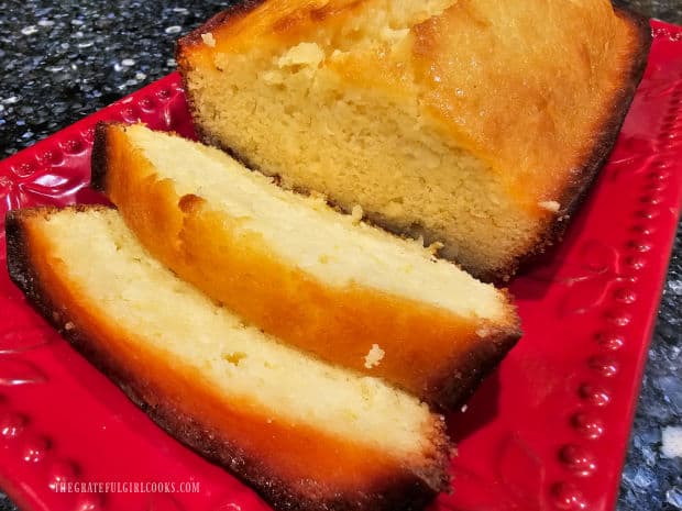 Two slices of the bread are cut and are ready to be enjoyed.