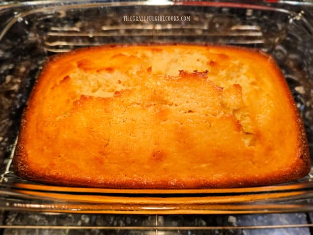 The lemon coconut loaf is golden brown after it finished baking.