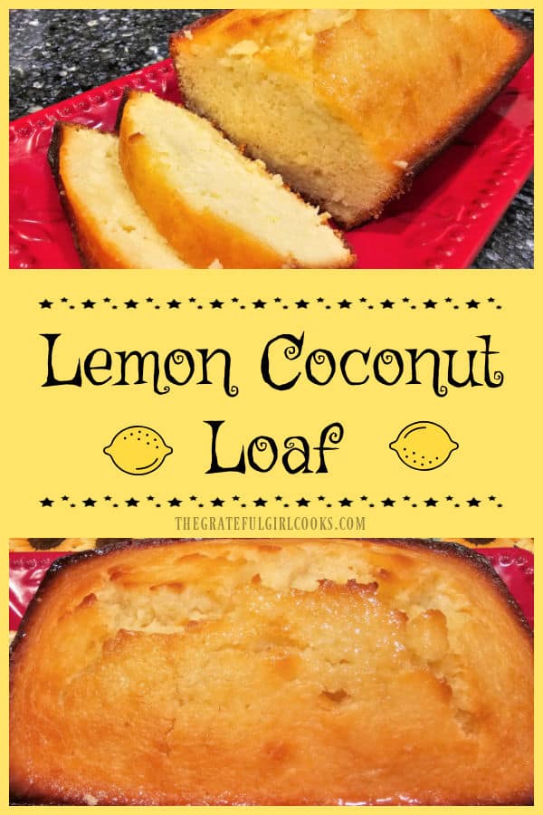 Easy to make Lemon Coconut Loaf is a delicious, full-sized bread loaf full of lemon flavor and shredded coconut, topped with a sweet glaze. 