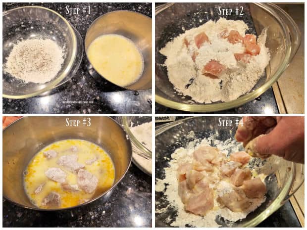 Seasoned chicken pieces are coated in a flour/egg batter before frying.