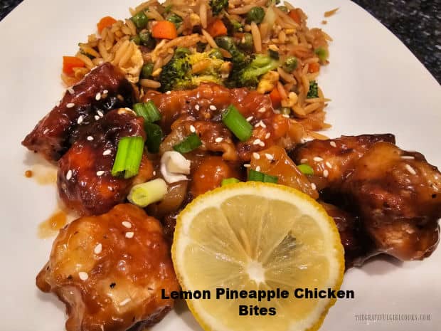 Lemon Pineapple Chicken Bites is a delicious dish with chunks of fried chicken and pineapple coated in a sweet Asian lemon pineapple sauce.