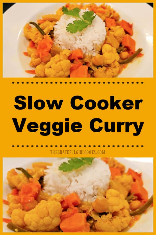 Slow Cooker Veggie Curry is a meatless dish (with 7 veggies) cooked in a coconut/curry sauce. Serve with rice for a delicious, filling meal.