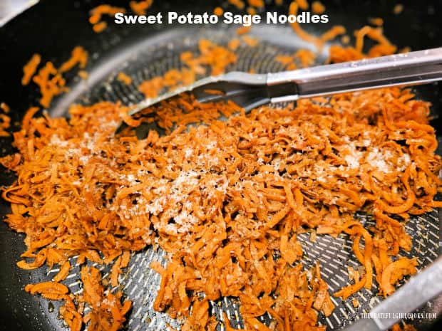 Spiralized Sweet Potato Sage Noodles are cooked in brown butter, and topped with toasted pecans and Parmesan for a tasty side dish.