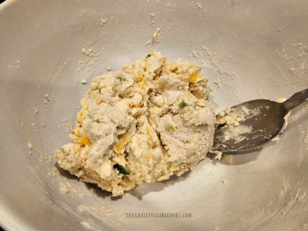 The ball of dough for the air fryer cheddar biscuits is ready.