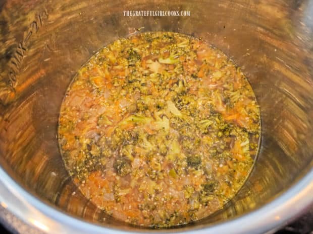 After pressure cooking the soup is ready to be thickened.