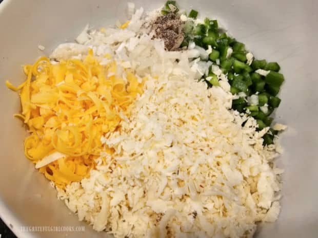 Casserole ingredients are combined in a large mixing bowl.