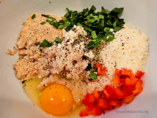 All ingredients for the chicken meatballs are put in a medium bowl.