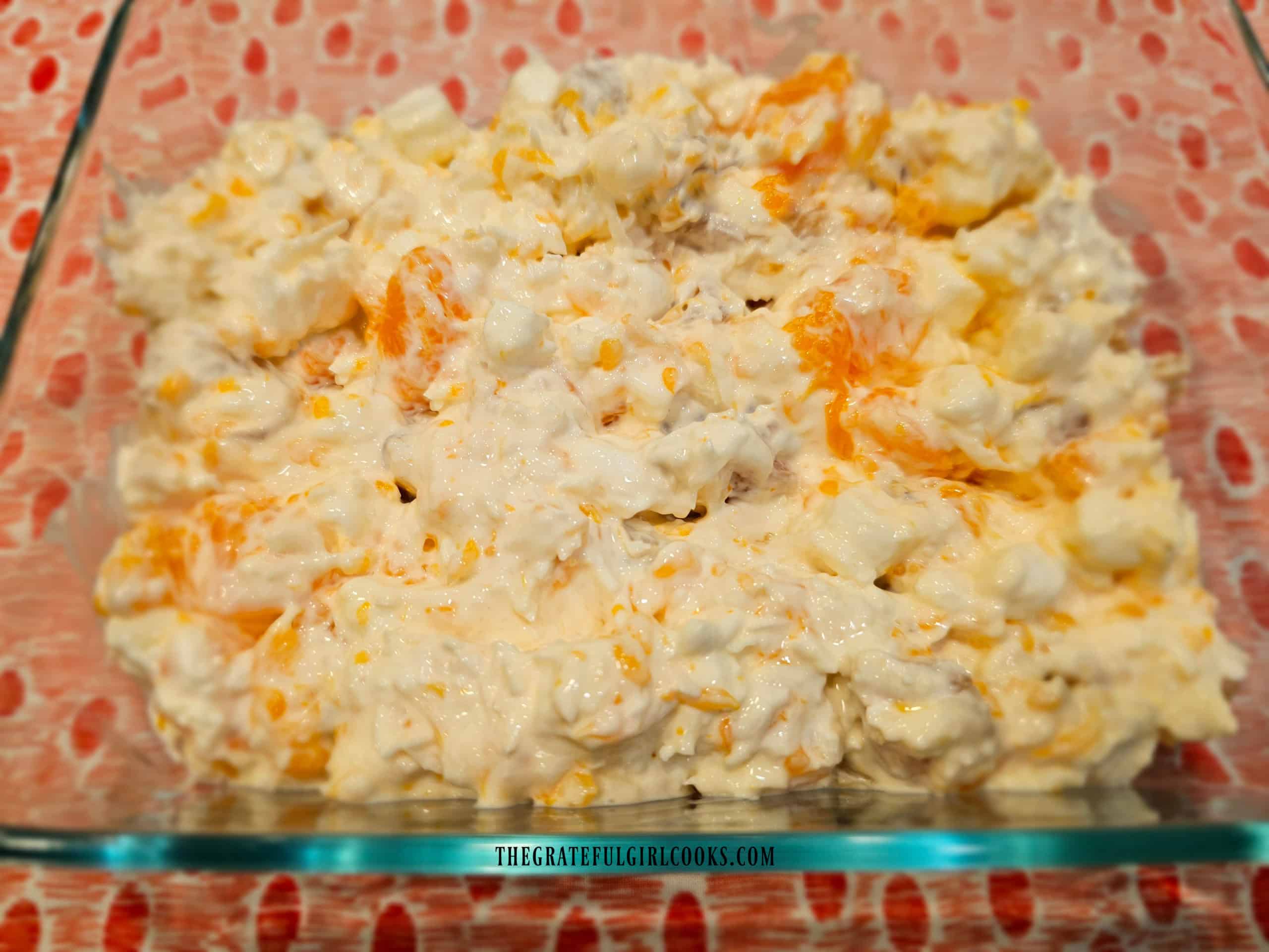Classic 5 cup salad is refrigerated overnight after mixing.