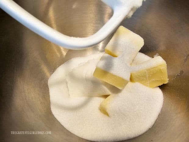 Butter, shortening and sugars are creamed together until light and fluffy.