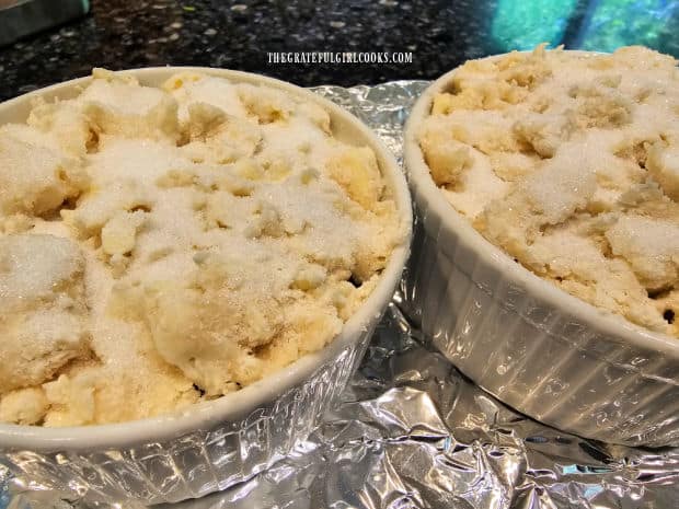 Strawberry rhubarb cobbler for two ready for the oven.