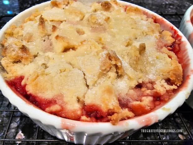 The strawberry rhubarb cobbler is golden brown on top after baking.