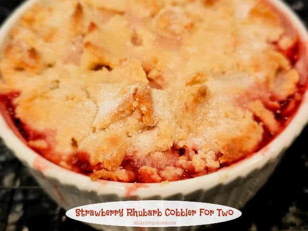 Hungry for a delicious dessert? Make Strawberry Rhubarb Cobbler For Two! With a crumbly, buttery topping, you'll LOVE this decadent treat!