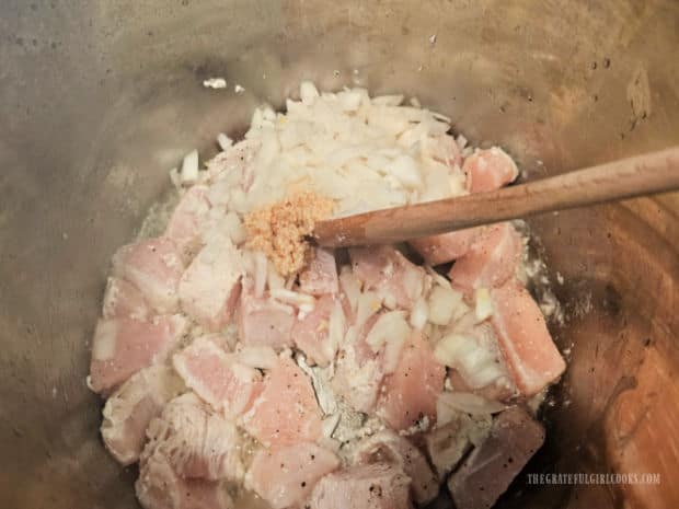 Chopped onion, garlic and spices are sautéed with the chicken in the Instant Pot.