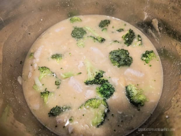 Broccoli, chicken broth, water, rice and cream of chicken soup is added to Instant Pot.