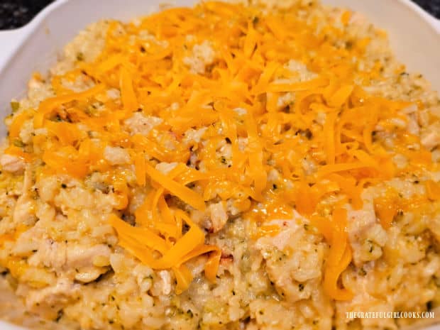 The hot cheesy chicken rice casserole is ready to be served and enjoyed.