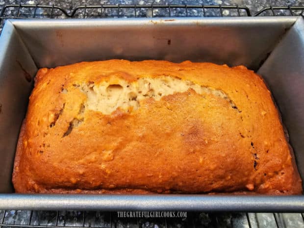 Bread rests in pan for 10 minutes after being baked.