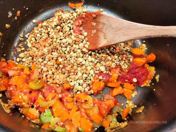 Lentils, tomato paste and tomato sauce are added to the soup pot.