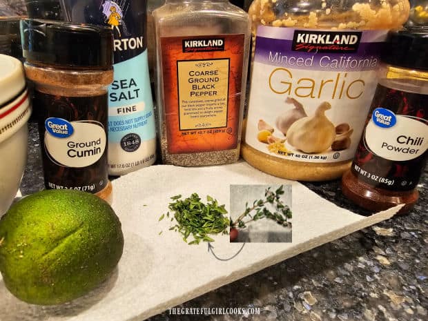 Ingredients are gathered to season this shrimp recipe.