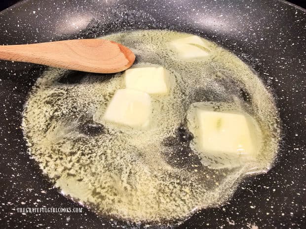 Butter is melted in a large skillet.