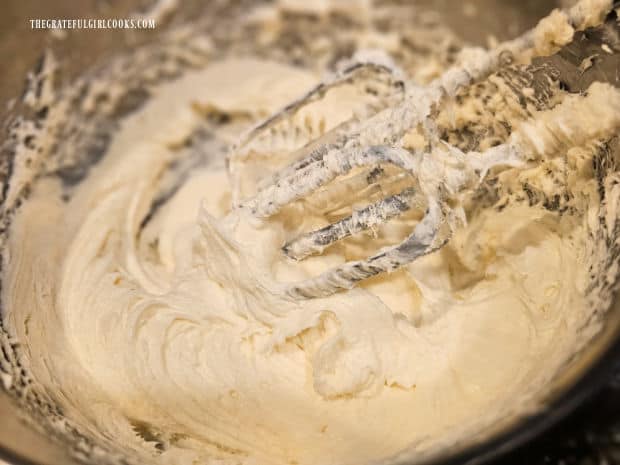 Cream cheese filling is smooth and fluffy after using an electric mixer.