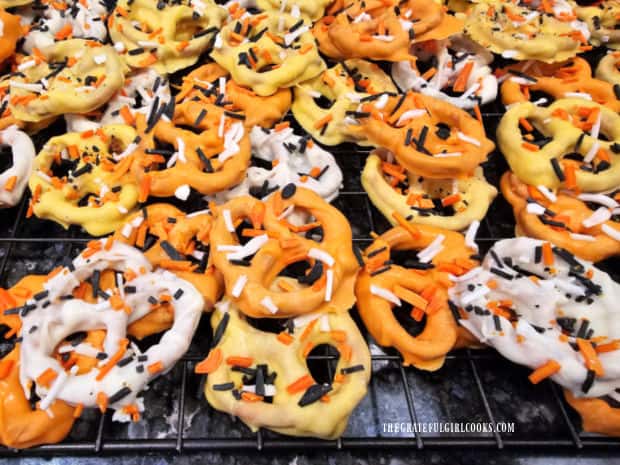 Chocolate dipped Fall pretzels topped with my homemade decorative sprinkles.