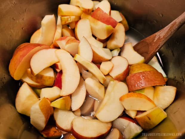 Two types of sliced apples cook in water in a large soup pot.