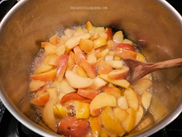 The apple slices cook until they become soft.