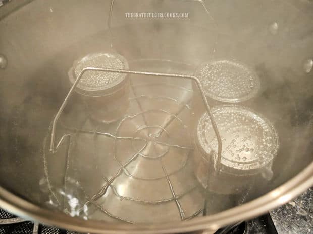 Water bath canner with three of the four total pint jars of applesauce inside.