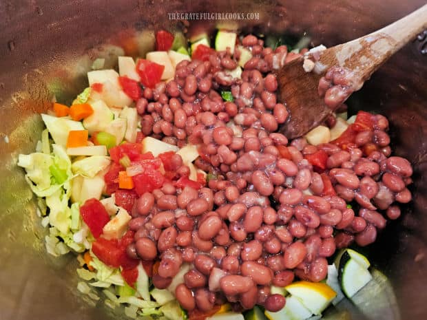 Canned tomatoes (and juice), plus canned kidney beans are added to the Instant Pot.