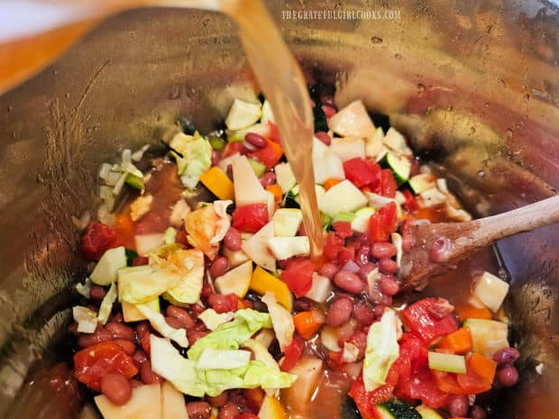 Four cups of vegetable broth is poured into the Instant Pot.