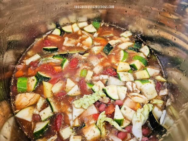 Instant Pot Vegetable Soup is cooked for 5 minutes on High pressure.