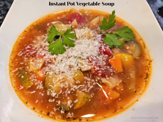 Instant Pot Vegetable Soup with carrots, zucchini, potatoes, cabbage, tomatoes, celery, onions and Italian spices tastes great and serves 8.
