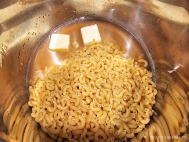 Elbow macaroni, butter and chicken broth in Instant pot.
