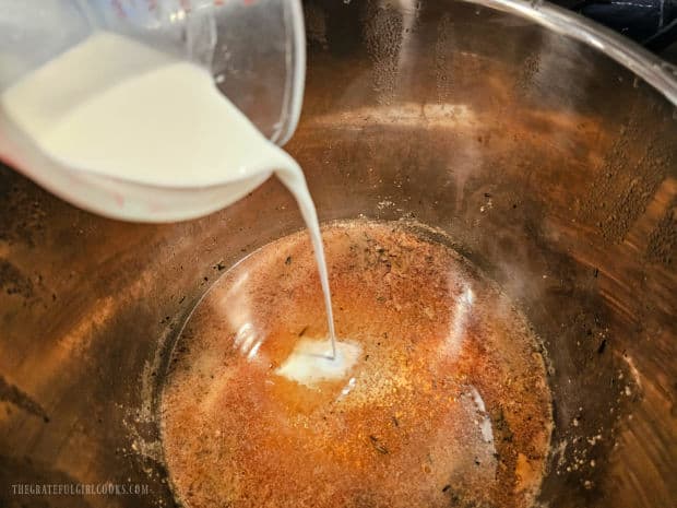 A cornstarch slurry is added to the remaining broth to help it to thicken.