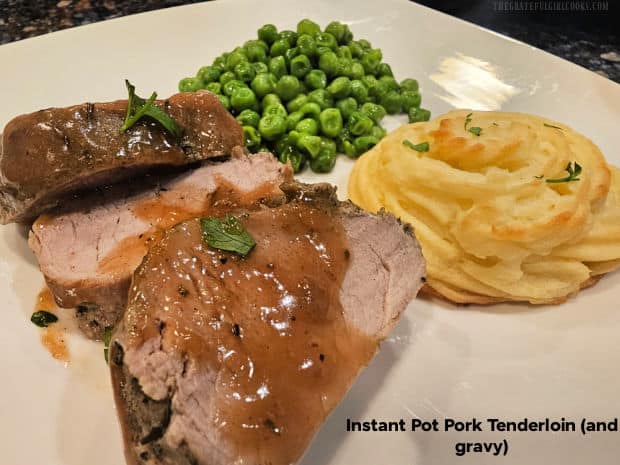 Instant Pot Pork Tenderloin (and gravy) is a delicious dish that serves 4! Juicy pork slices are drizzled with a maple syrup and Dijon gravy.