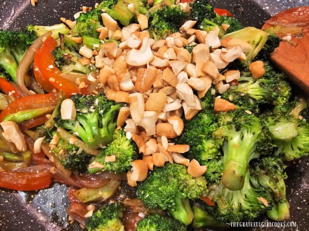 Chopped roasted cashews are added to the broccoli cashew stir-fry right before serving.