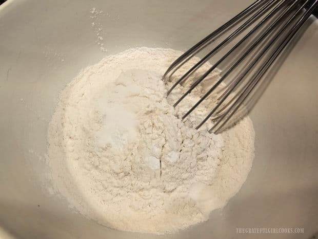 All-purpose flour, baking powder and salt are whisked together until combined.