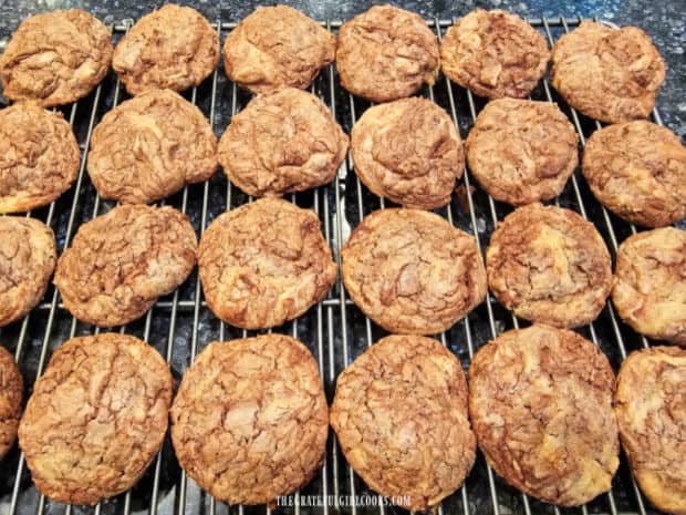 Two dozen chocolate swirl cookies cool completely on a wire rack after baking.