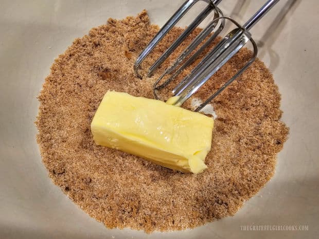 Brown and granulated sugars are mixed together, than a stick of soft butter is beaten in.